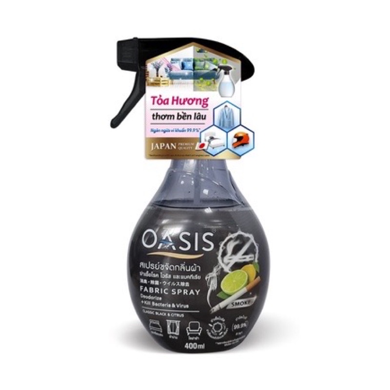 Xịt vải khử mùi &amp; Ngăn ngừa vi khuẩn trên vải Oasis Classic black &amp; Citrus 400ml (dành riêng cho vải bị ám mùi khói)