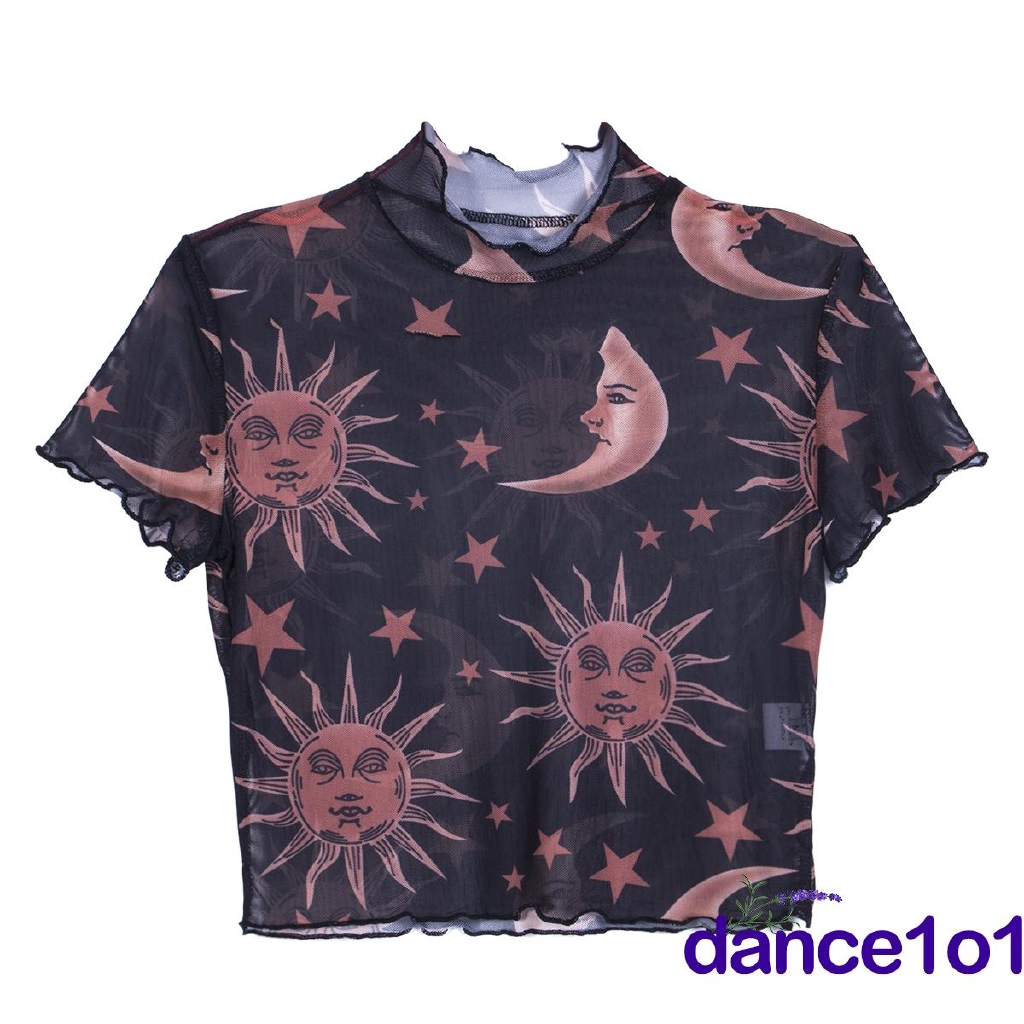 Áo croptop tay ngắn chất ren lưới xuyên thấu quyến rũ