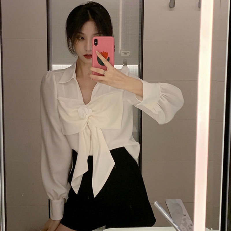 MS684 Áo sơ mi kiểu nữ tay bồng hoa nơ ngực