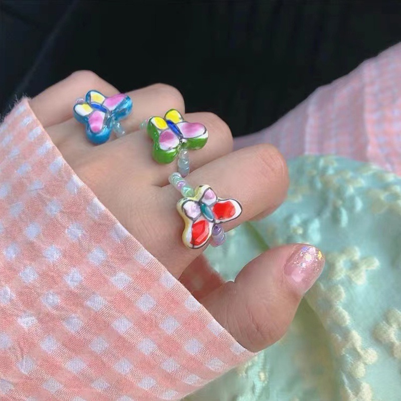 Nhẫn Đính Hạt Hình Bươm Bướm Màu Sắc Cầu Vồng Phong Cách Vintage