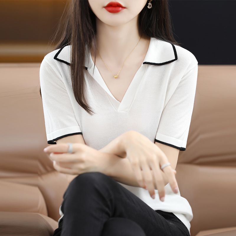 Áo Thun polo Dệt Kim Tay Ngắn Dáng Rộng Họa Tiết Kẻ Sọc Thời Trang Cho Nữ