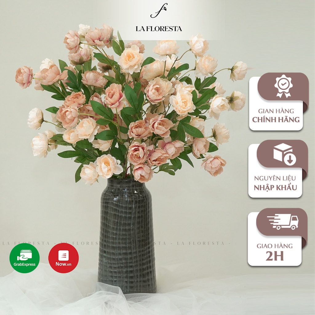 Cành Hoa Tiểu Mẫu Đơn Giả LA FLORESTA Thiết Kế 7 Bông, Chất Liệu Lụa Nhập Khẩu Loại 1 Bền Chắc