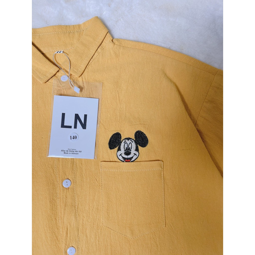 HOT DEAL>>> Áo Sơ Mi Đũi Bé Trai Bé Gái Thêu Mickey