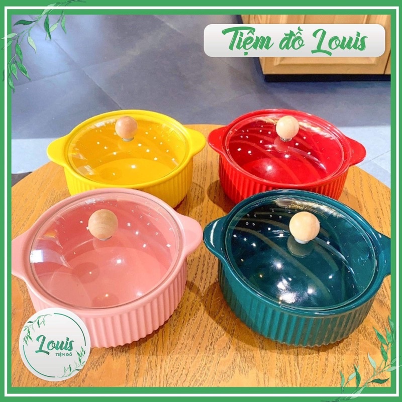 Nồi Sứ Nắp Kính Tô Sứ Ăn Mì Đựng Canh Soup Cơm Dung Tích 1000ml Decor Phong Cách Bắc Âu