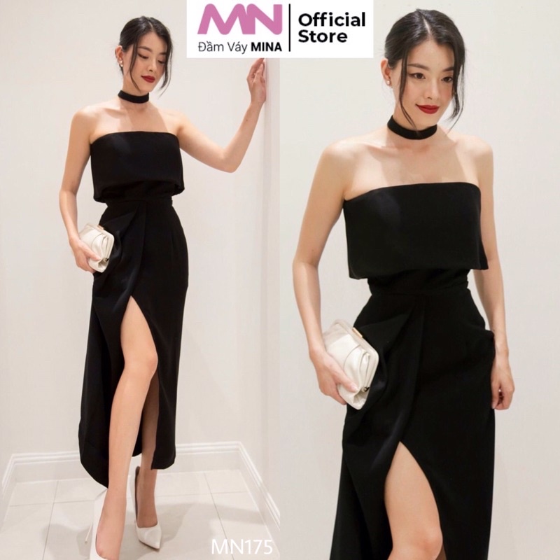 Đầm cúp ngực xẻ đùi midi đen Tuyết mưa MINA dự tiệc, đi chơi, hẹn hò thiết kế sang trọng - MN175
