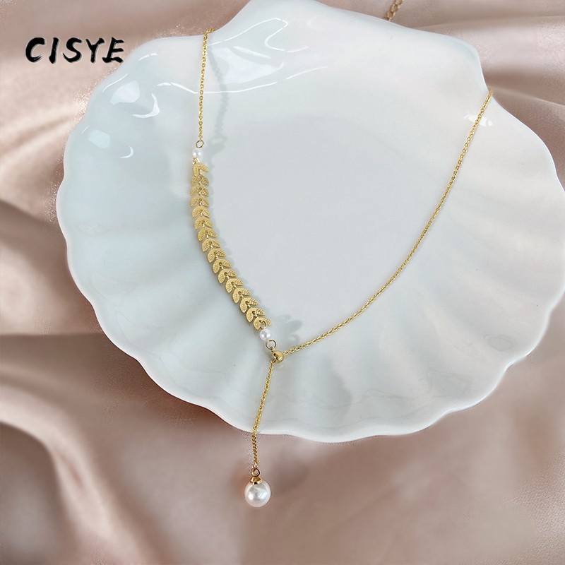 Dây chuyền thiết kế hình lá lúa mì phối mặt đính hạt ngọc trai nhân tạo có thể điều chỉnh thời trang cho nữ