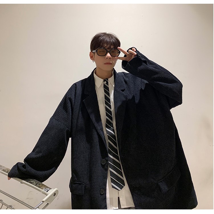 Áo khoác Blazer Nam Form rộng dài tay unisex basic chất nhung tăm phong cách Hàn Quốc Vest Áo Blazer nam form rộng