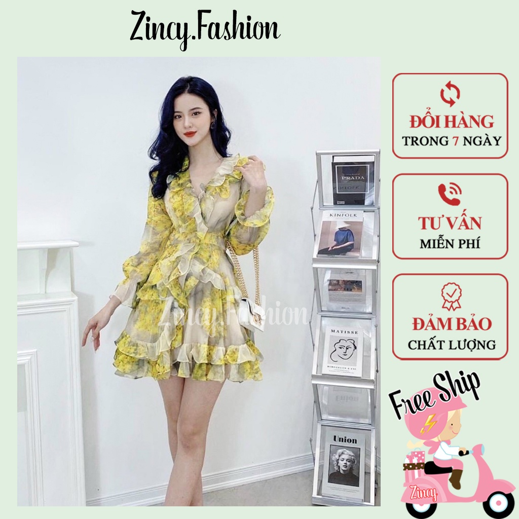 Đầm hoa thiết kế tay dài dáng xoè dây cột eo phối bèo Váy dự tiệc,đi chơi hoa vàng vintage KÈM HÌNH THẬT - BEOVANG.001