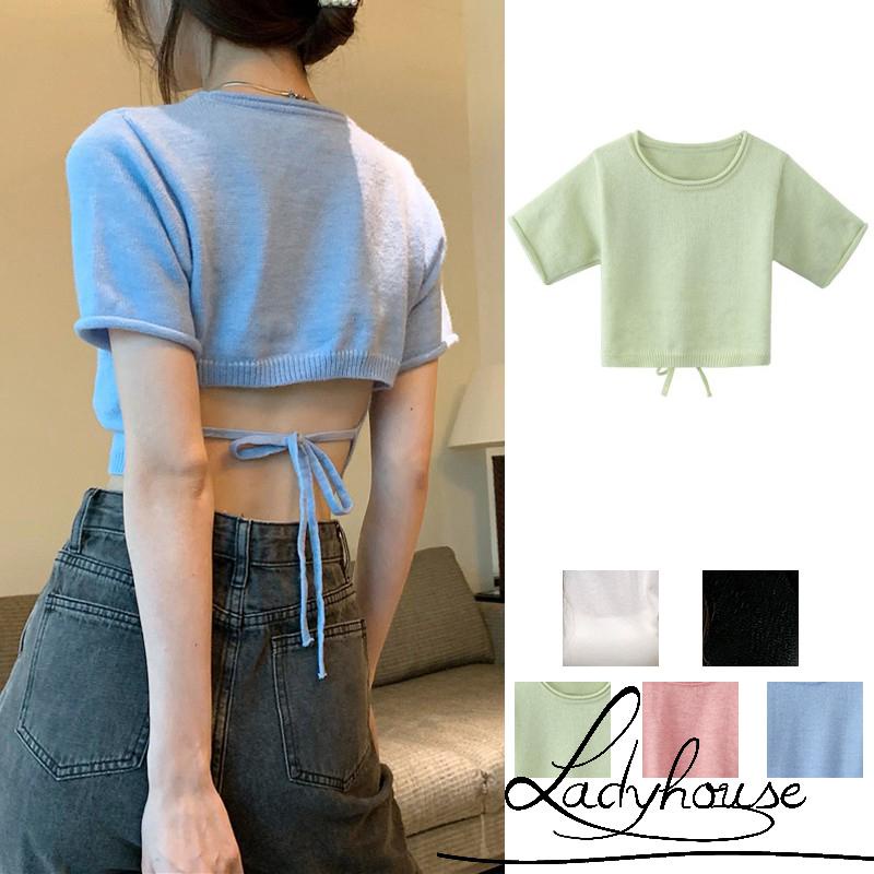 Áo croptop dệt kim tay ngắn thắt nơ sau lưng phong cách Hàn Quốc 3 màu tùy chọn cho nữ