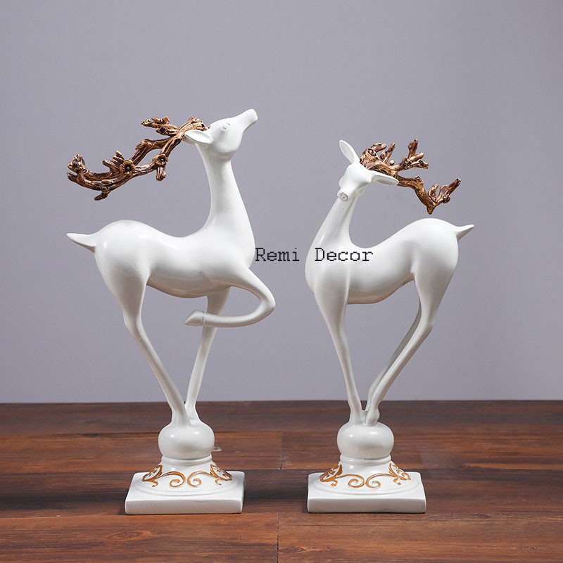 ✽✷▦2021 NEW Decor phòng khách đẹp bằng bộ hươu trắng dáng đứng độc đáo - Chất bột đá đúc phủ bóng như hình ảnh