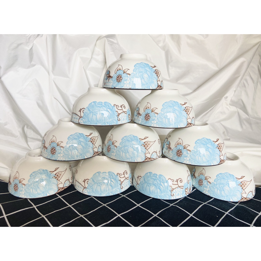 Bộ 10 chén ăn cơm sứ cao cấp, họa tiết hoa 3d, miệng bát kẻ chỉ màu, set 10 bát ăn cơm- gốm sứ Camellia
