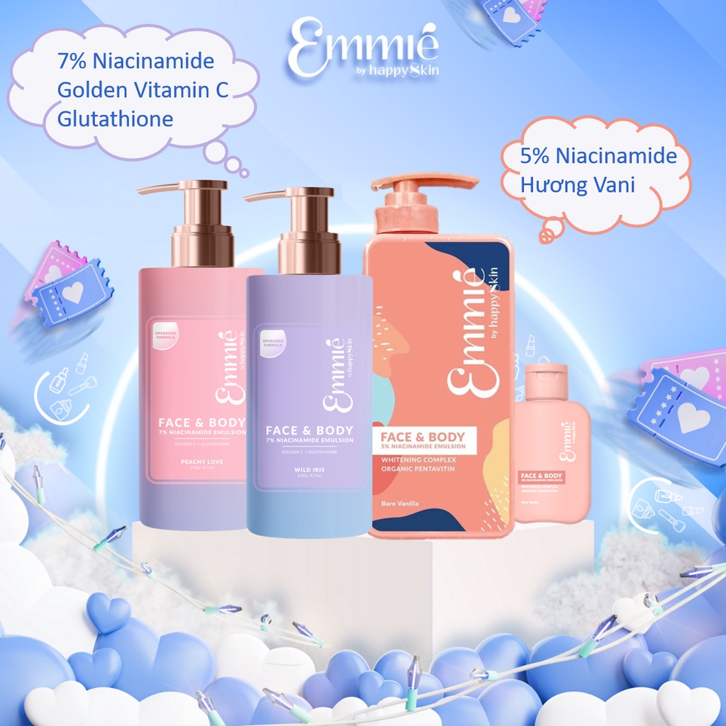 Kem Dưỡng Trắng Da Face and Body 7% Niacinamide Emulsion, Vitamin C Golden, Glutathione Emmié by Happy Skin Emmie lotion
