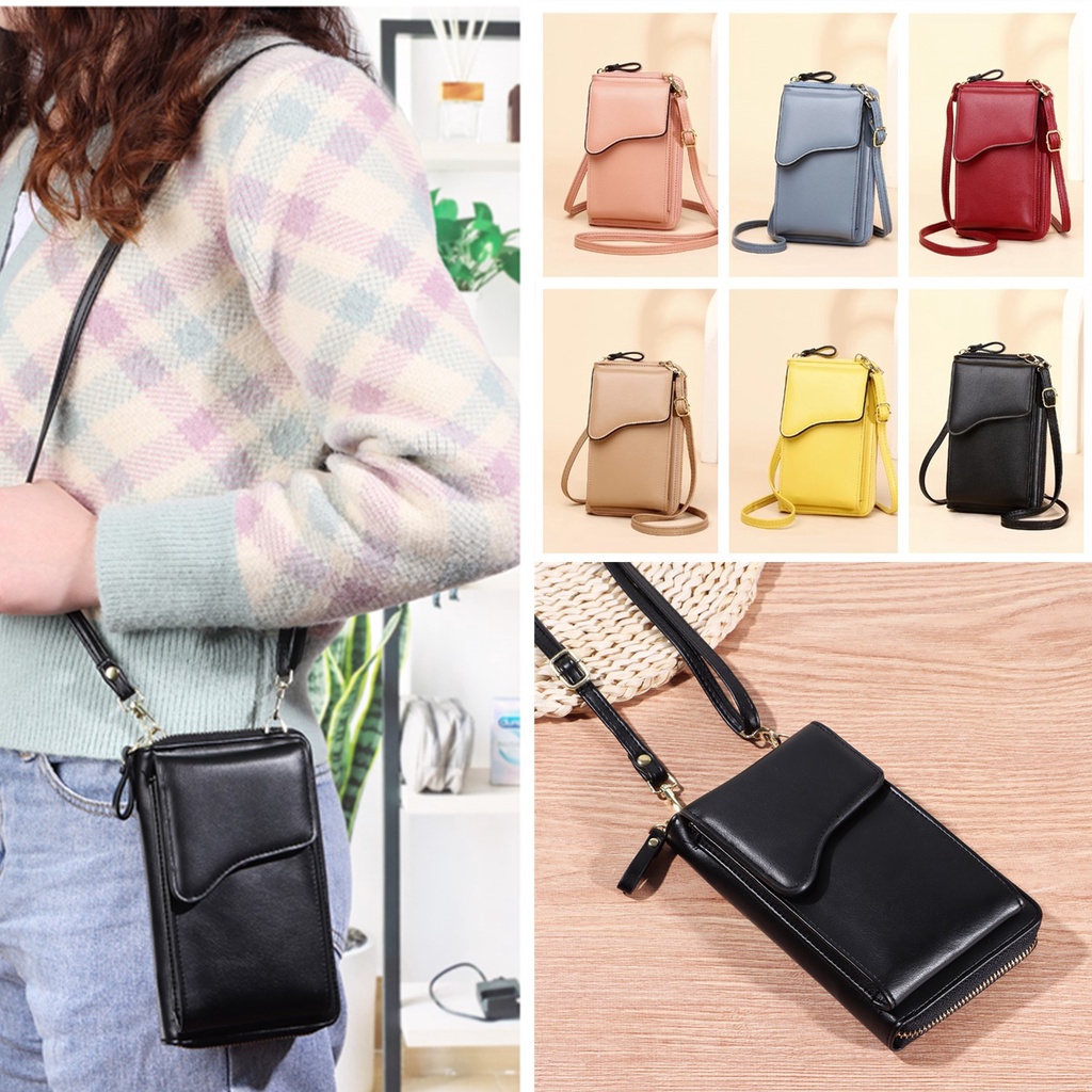 💎OKDEALS💎 New One-shoulder Messenger Mobile Phone Bag Travel Card Wallet Handbag Crossbody PU leather Fashion Pure Color Large-capacity Long Wallet with Shoulder Strap/Multicolor