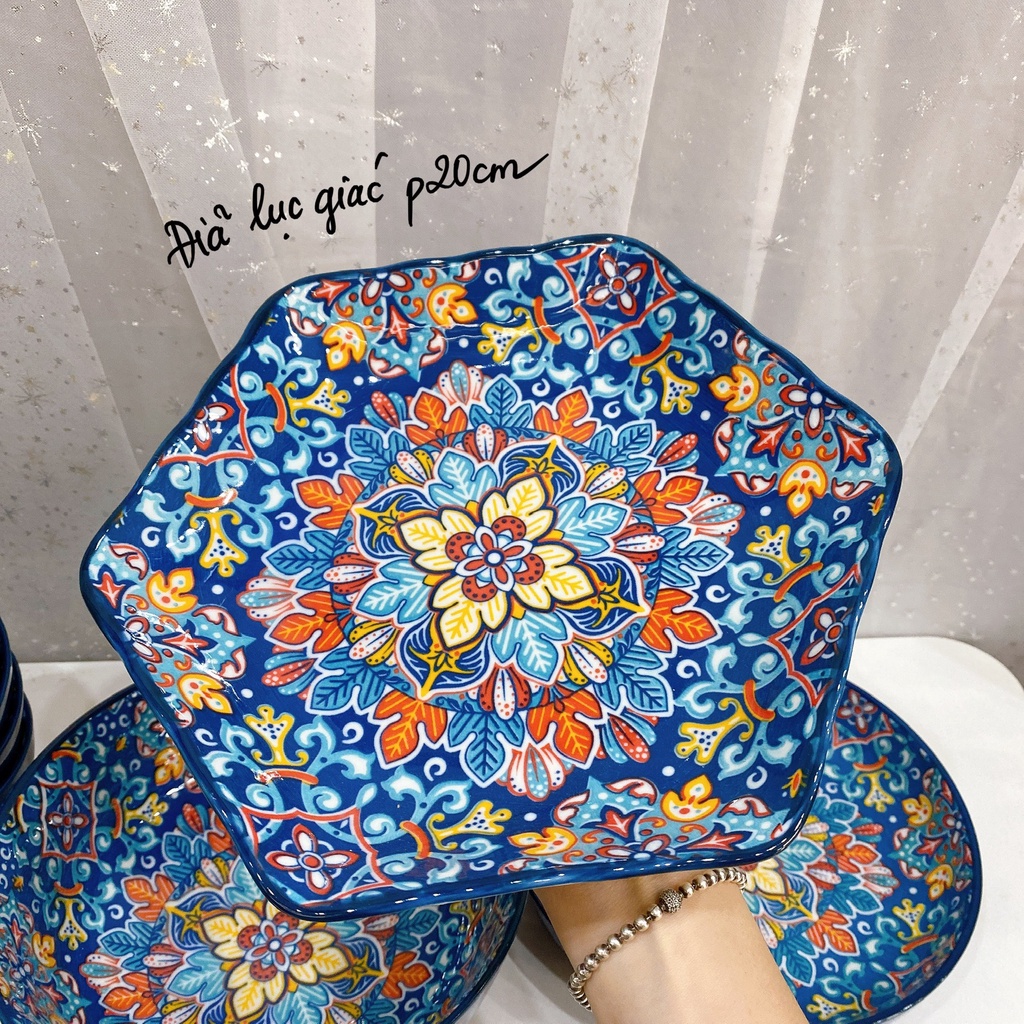 Bộ sư tập bát, đĩa sứ họa tiết thổ cẩm - Set bộ thổ cẩm xanh dương Bohemian 14 món