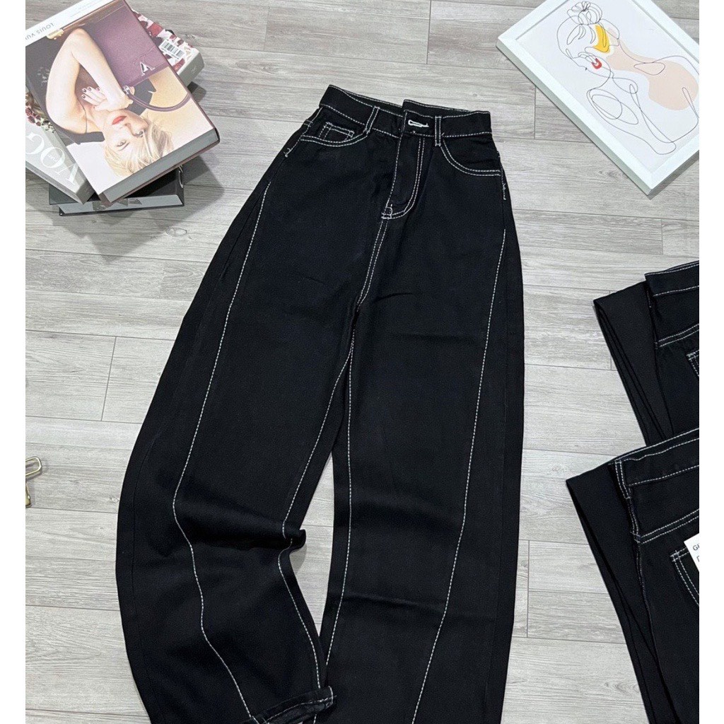 Quần Suông Nữ MunMunStore Quần Bò Chỉ Nổi Cá Tính Trẻ Trung, Ống Rộng Cạp Cao AK458