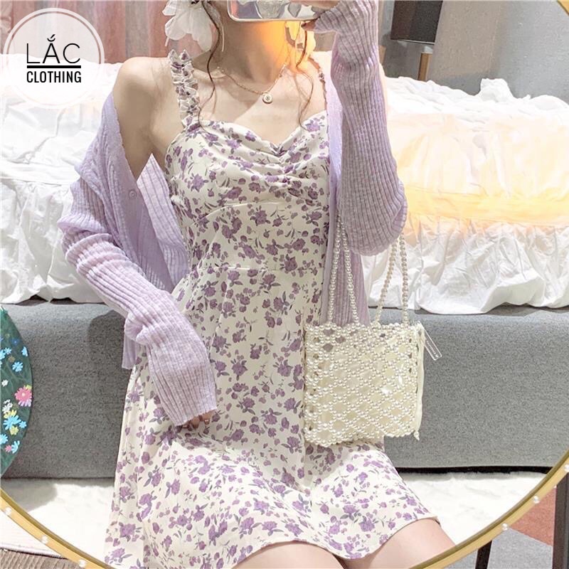 Set Váy Hai Dây + Áo Cardigan Len Tím Mỏng Phong Cách Bánh Bèo 2021