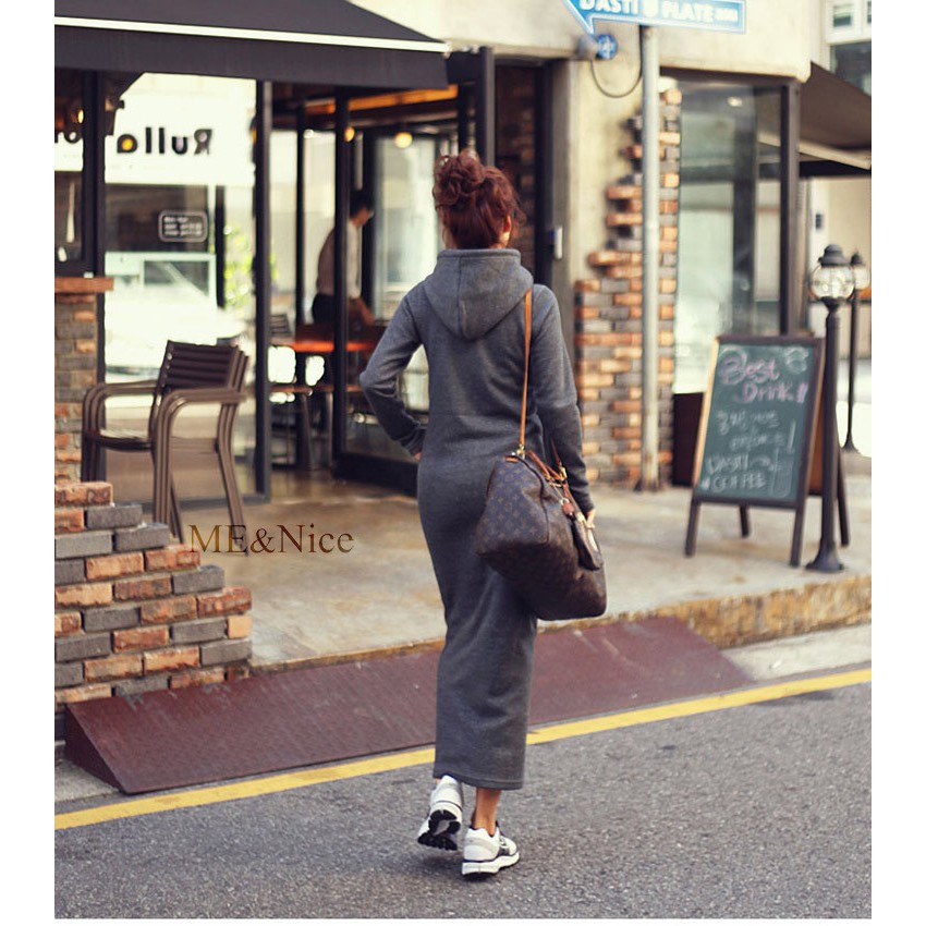 Plus Đầm Hoodie Tay Dài Phối Nhung Dày Dáng Dài Cỡ Lớn Thoải Mái Cho Nữ | BigBuy360 - bigbuy360.vn