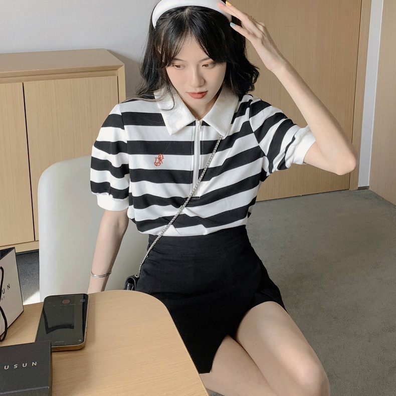 Áo thun polo SUXI tay ngắn dáng rộng họa tiết kẻ sọc đen trắng phong cách vintage thời trang dành cho nữ