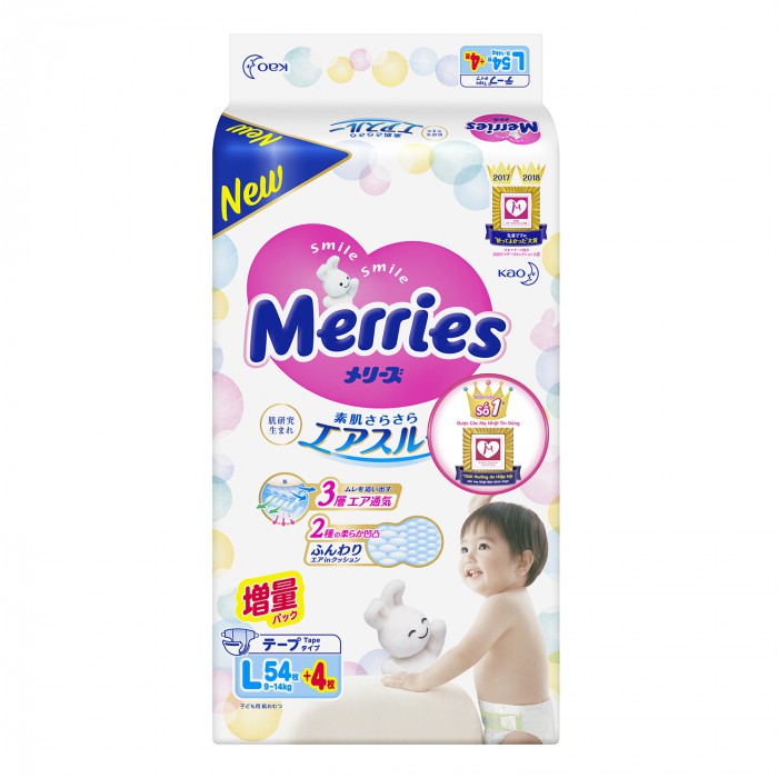 Bỉm - Tã dán Merries size L 54 cộng 4 miếng (cho bé 9-14kg)
