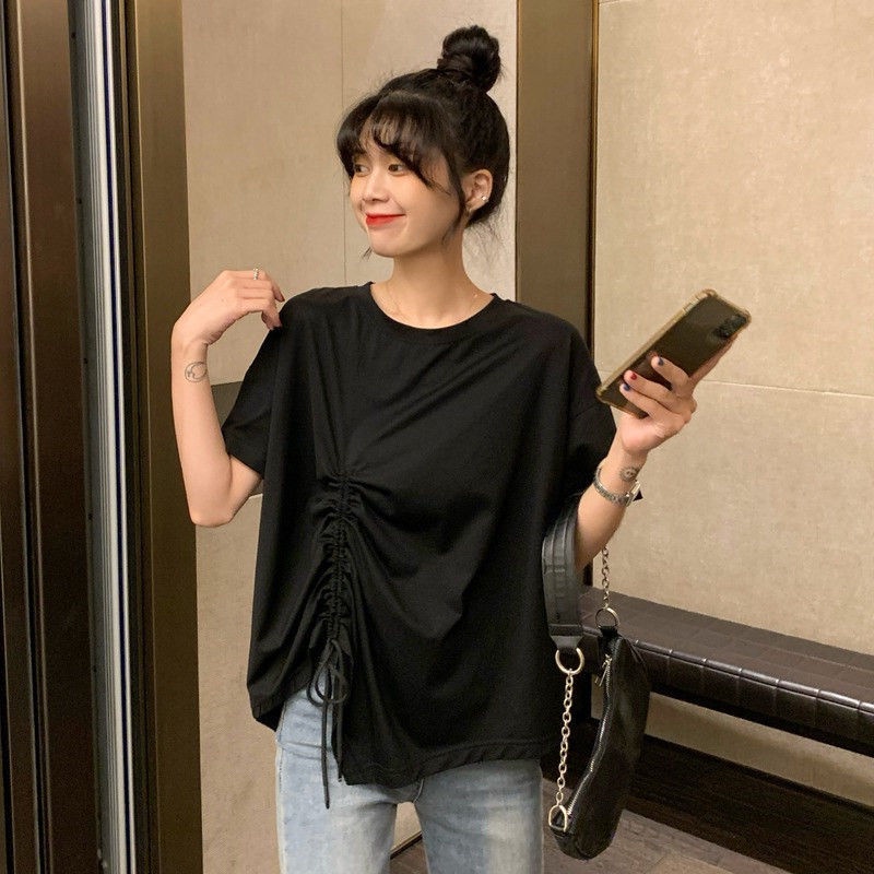 Áo thun 88046 dây rút dáng rộng ngắn tay thiết kế không đều thời trang mùa hè dễ thương