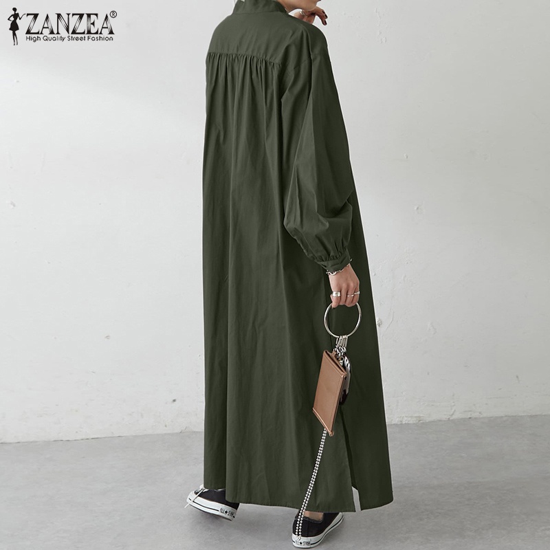 Đầm dài ZANZEA dáng rộng tai dài cổ tròn xẻ tà màu trơn cho nữ