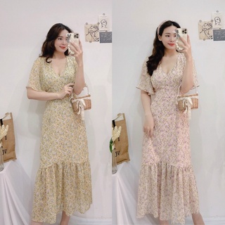 Đầm maxi đuôi cá hoa nhí, Váy hoa nhí dài dáng xòe Cao Cấp cổ tim tay ngắn, mặc dự tiệc đi chơi - MiNhi