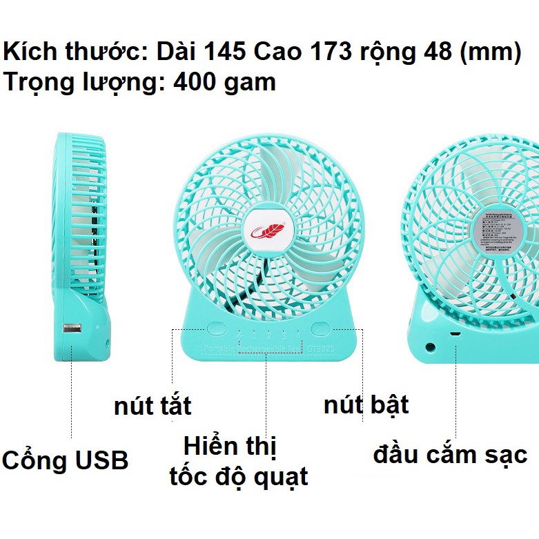 Quạt tích điện kiêm Pin sạc dự phòng 4000 mAh 4 chế độ gió cắm dùng điện đầu vào 5V12A shopaha247 dùng liên tục 18 tiếng