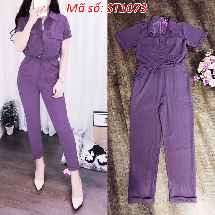 Jumsuit đồ bay liền dài quần xắn lai 2 túi ngực eo thắt nơ cách điệu xinh xắn