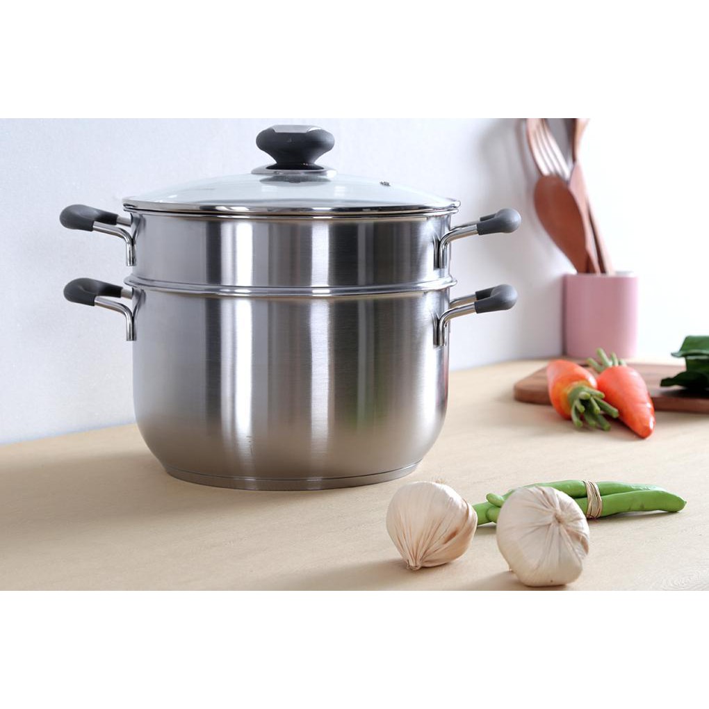 Bộ nồi xửng hấp inox 430 quai silicon nắp kính 3 đáy FiveStar Standard 24cm.tặng 2 vá canh inox