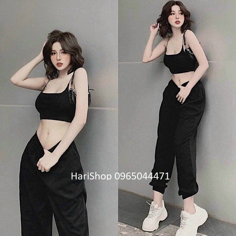 Set bộ thể thao croptop hai dây hai màu đen ,nu