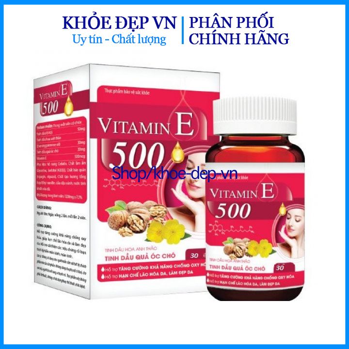 Vitamin E 500 - Chống Oxy Hóa - Hạn Chế Lão Hóa. Làm Đẹp Da - Hộp 30 viên