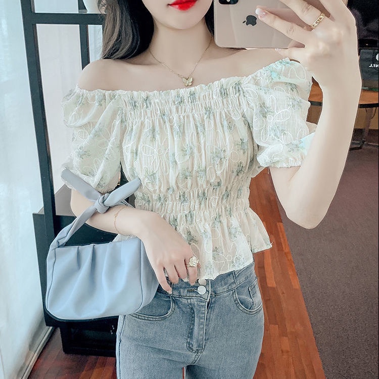 Áo Voan Tay Ngắn Cổ Vuông Xếp Ly Ôm Eo Phong Cách Phương Tây Mẫu Mới 2022 Thời Trang Cho Nữ