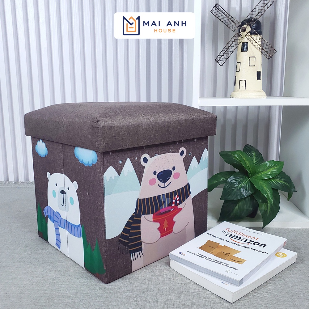 Ghế đôn dáng vuông kiêm hộp đựng đồ trẻ em gấp gọn Mai Anh House MA06, họa tiết hoạt hình, may vải Oxford 600D