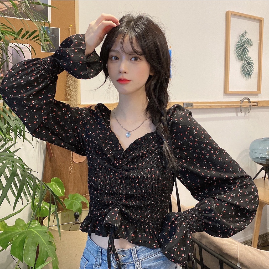 Áo croptop Secret Top A09 họa tiết hoa nhí, áo kiểu nữ chất lượng cao, tặng kèm chun buộc tóc.