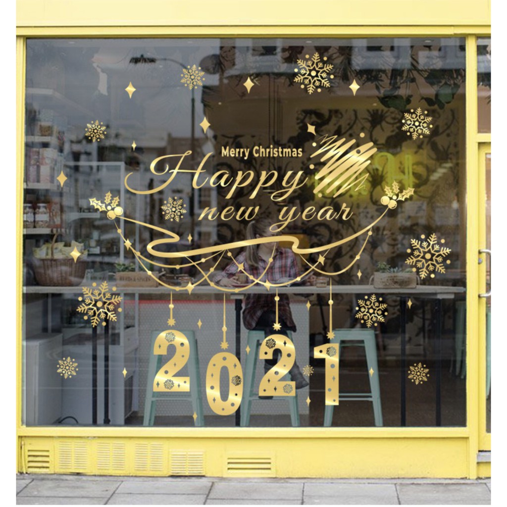 Decal dán tường Noel - Rèm dây chữ 2021 cao cấp ánh vàng