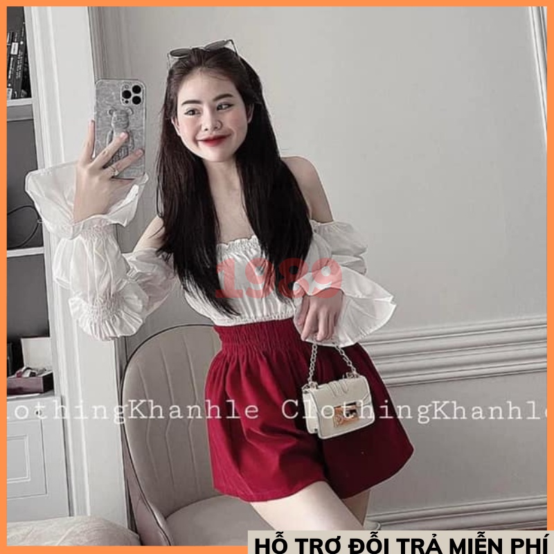 Set Áo Thô Trễ Vai Mix Quần Tacta Đỏ Siêu Xinh Có Ảnh Thật THỜI TRANG1989 áo trễ vai tay bồng ULZZANG hàn quốc nữ