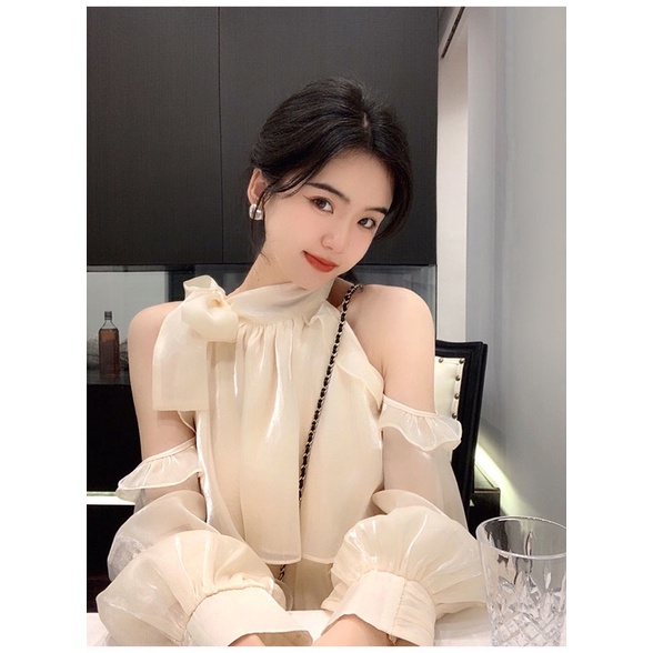 Áo Voan Hở Vai Tay Bèo Nơ Cổ Vải Voan Lụa Organza Óng