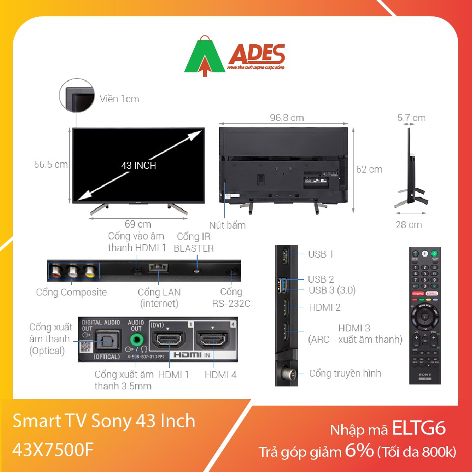 [Mã 154ELSALE2 giảm 7% đơn 300K] Smart TV Sony 43 inch 43x7500f