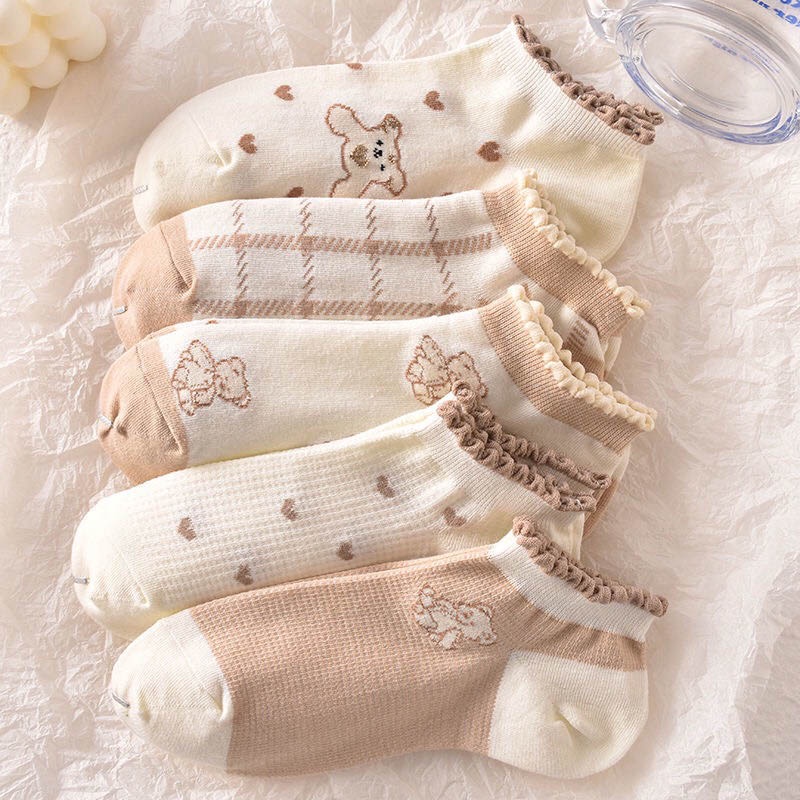 Tất cổ thấp nữ set 5 đôi họa tiết dễ thương, vớ cổ thấp chất liệu cotton co giãn 4 chiều - Ekiu Shop