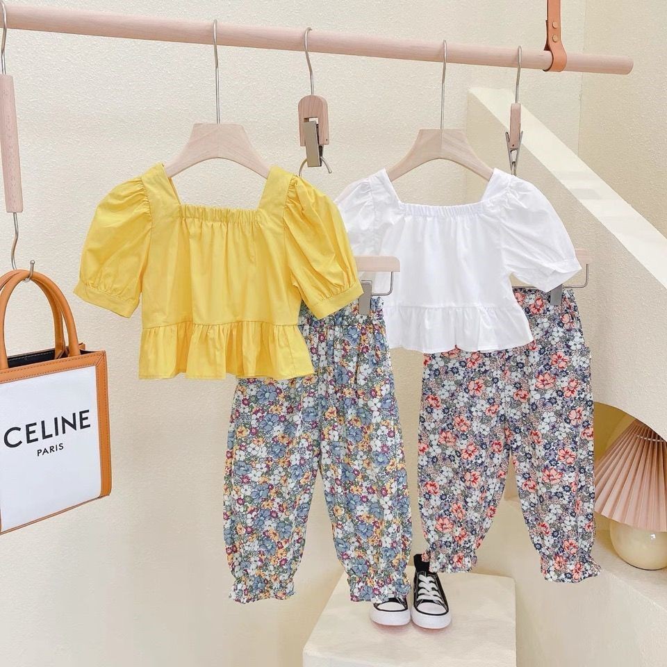 Girls summer western style 2021 new children's Korean version of the net red summer baby floral mosquito pants two-piece suit