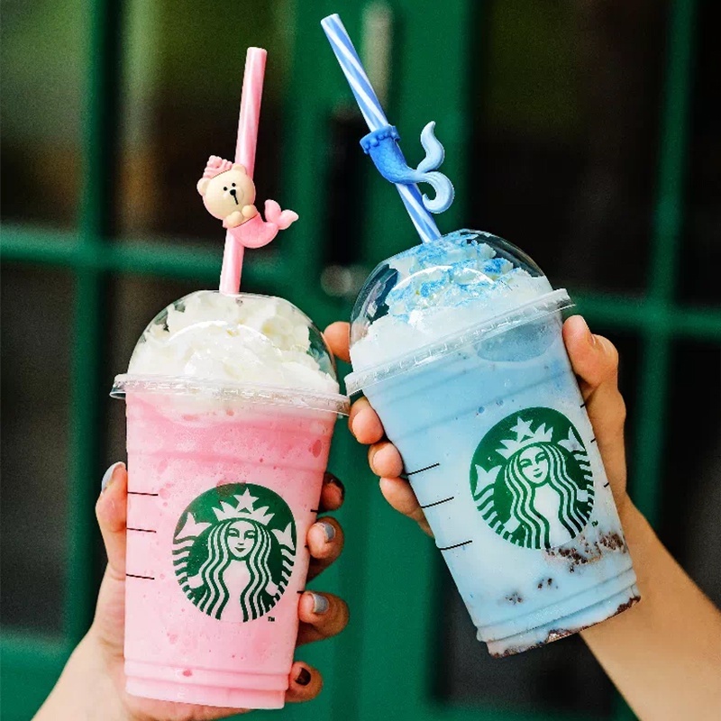 Bộ 3 Ống Hút Starbucks Có Nắp Đậy Chống Bụi Hình Nàng Tiên Cá Dễ Thương Sáng Tạo Có Thể Tái Sử Dụng