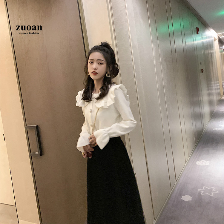 SUXI Áo dệt kim mỏng dài tay cổ búp bê thời trang mùa thu cho nữ