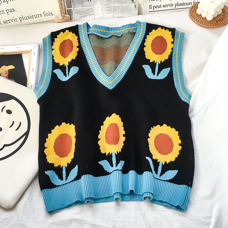 Áo len cổ chữ V họa tiết hoa cúc phong cách retro Hàn Quốc