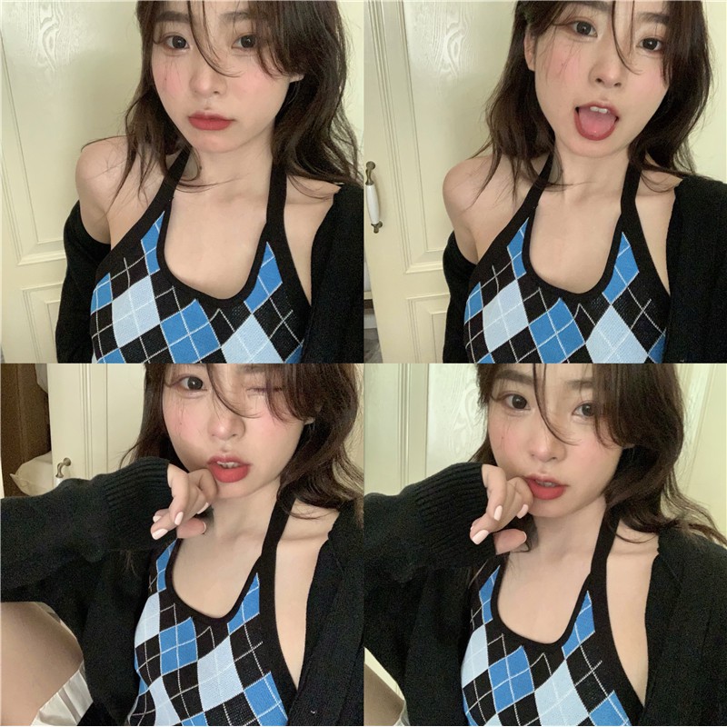 Cocory vn Áo Hai Dây Dệt Kim Hoạ Tiết Kẻ Caro Gợi Cảm Thời Trang Mùa Hè Cho Phụ Nữ