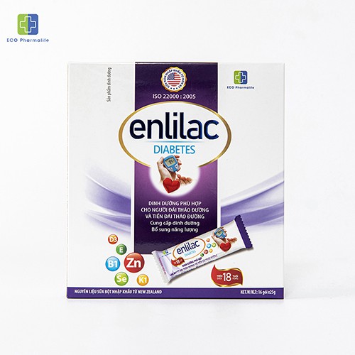 Sữa tiểu đường Enlilac Diabetes - Hộp 16 gói x 25 gram - Tặng cẩm nang cho người tiểu đường, ổn định đường huyết