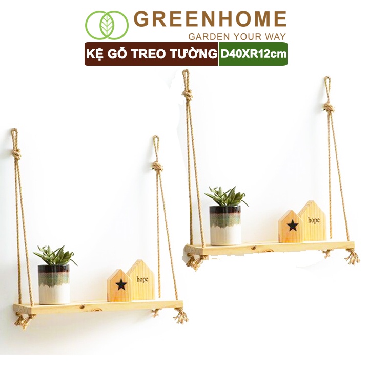 Bộ 2 Kệ gỗ treo tường, D40xR12cm, gỗ thông, tặng kèm 2m dây thừng |Greenhome