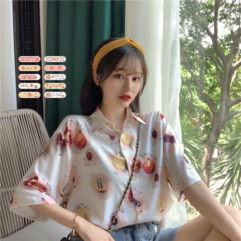 Áo Sơ Mi Nữ Tay Ngắn Form Rộng In Họa Tiết Trái Cây