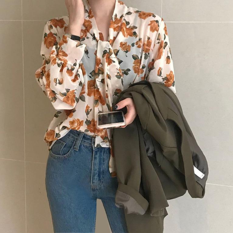 Áo Sơ Mi Voan Hoa Dáng Dài Phong Cách Retro Dành Cho Nữ