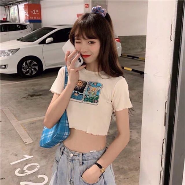 (Ảnh thật) Áo croptop ulzzang cuốn biên in hình