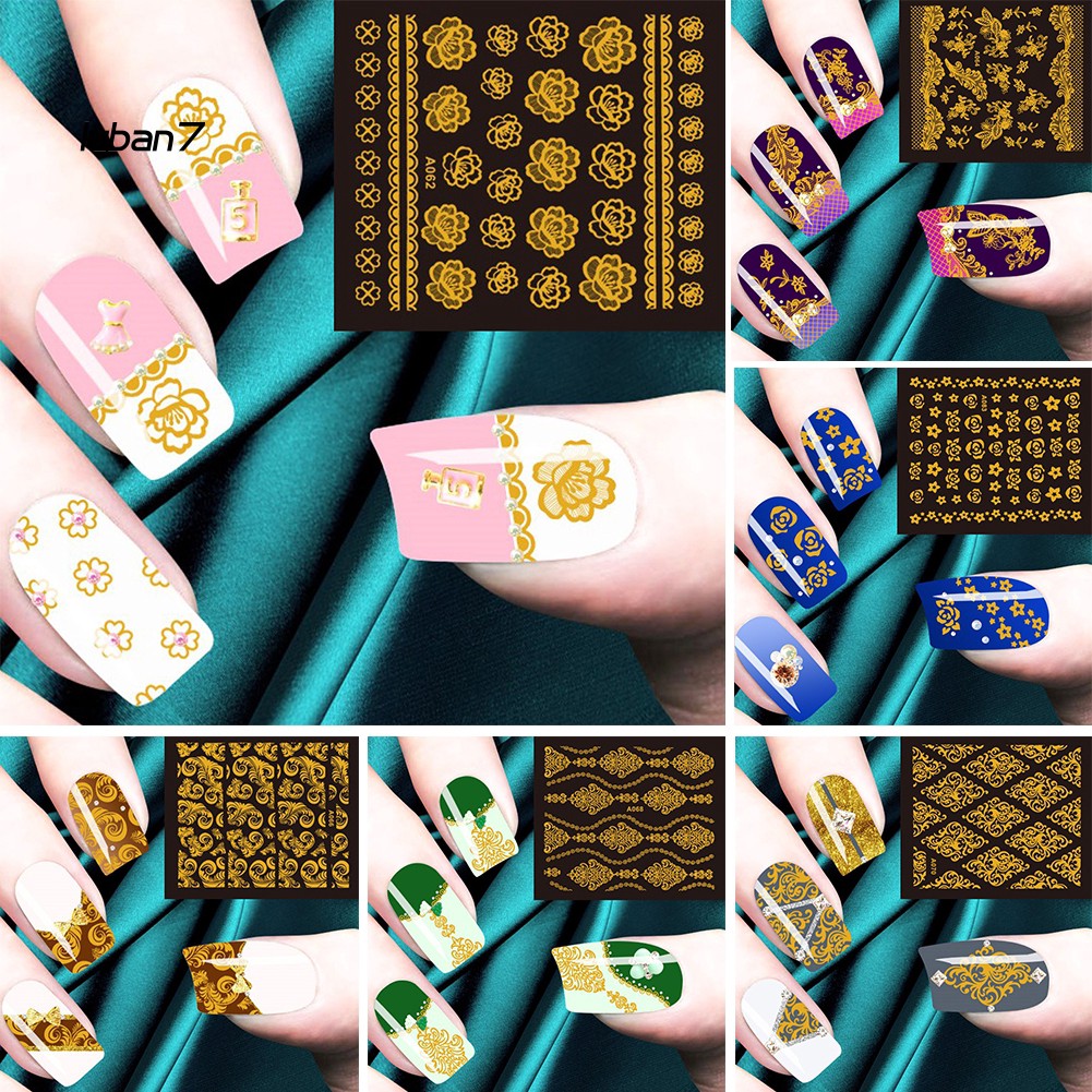 LB☺10 Sheets Shinny Golden Tone Nail Art Tip Stickers Flower Leaf Manicure Decals